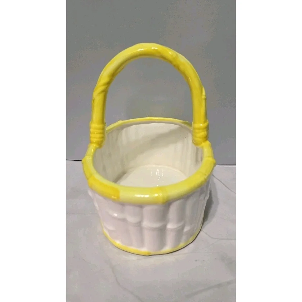 Vin Ltage Fitz And Floyd Ceramic Basket With Handle Yellow And White